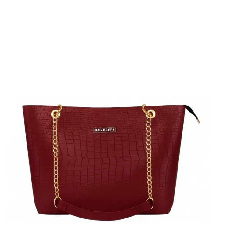Crocodile Tote Bag with Chain Mehroon. - Bagbreez.pk