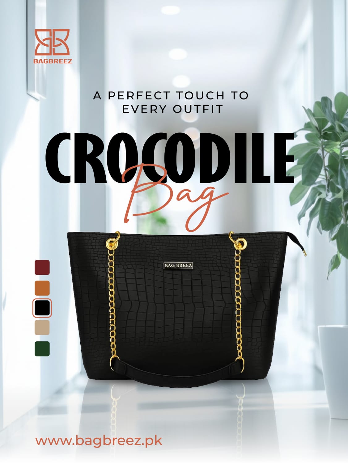 Crocodile Tote Bag Black with Chain - Bagbreez.pk