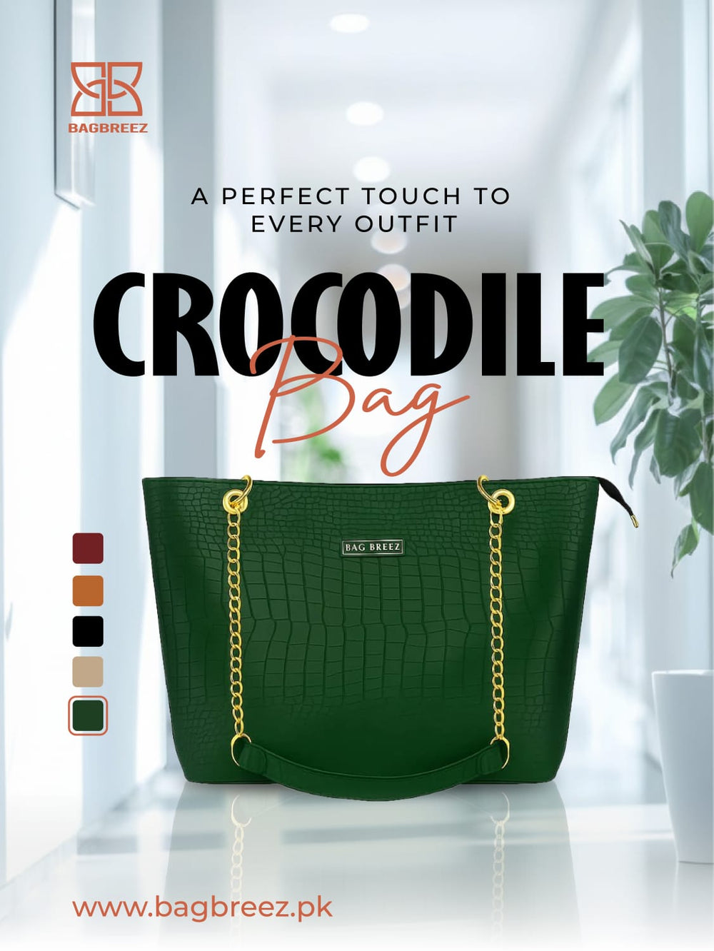 Crocodile Tote Bag Green with Chain - Bagbreez.pk